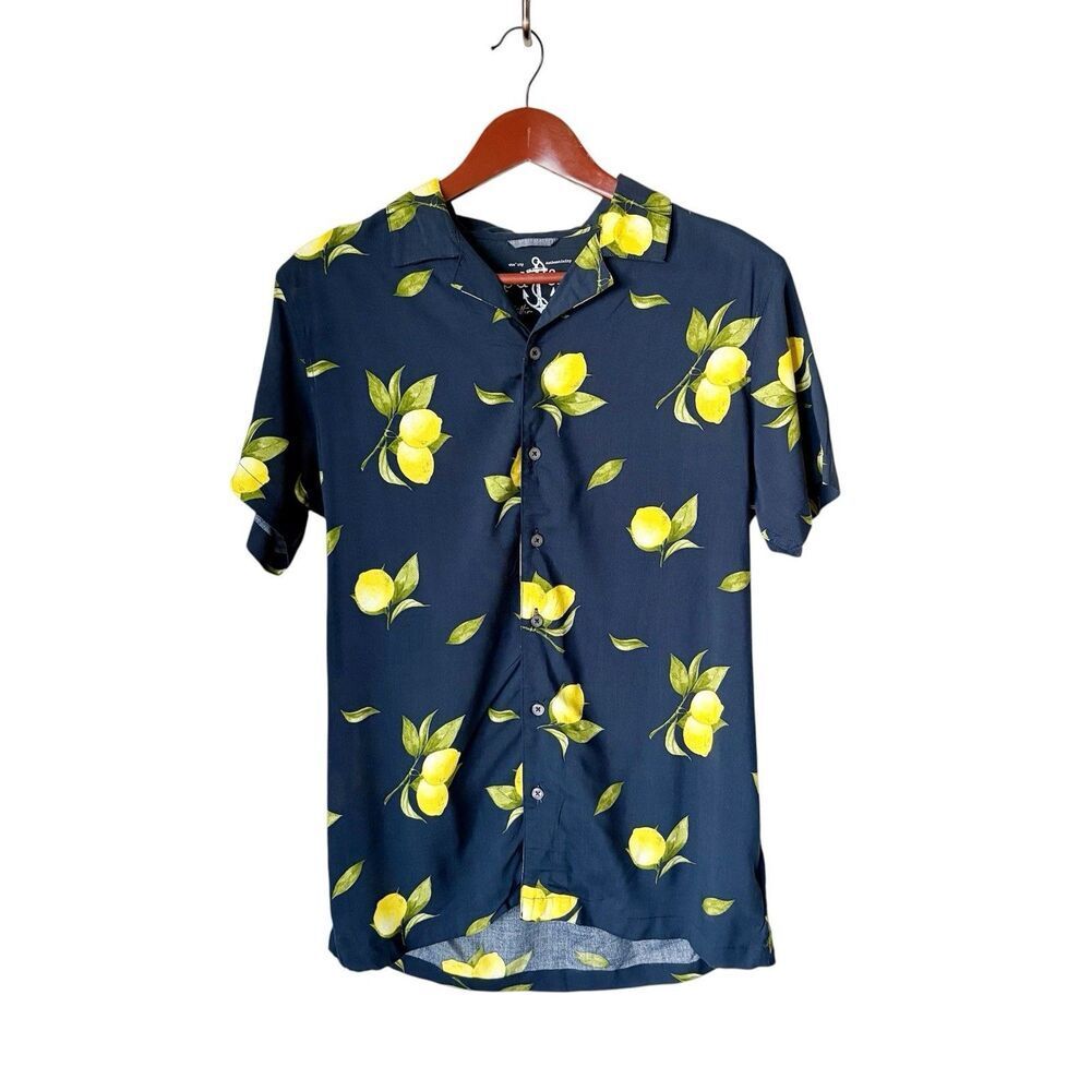 PD&C Lemon Button Front Shirt S Navy Short Sleeve Tropical Print Casual T-Shirt